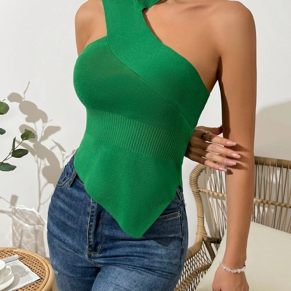 Green Preppy Womens Asymmetrical Neck Hanky Hem Knit Top - Picture 4 of 5